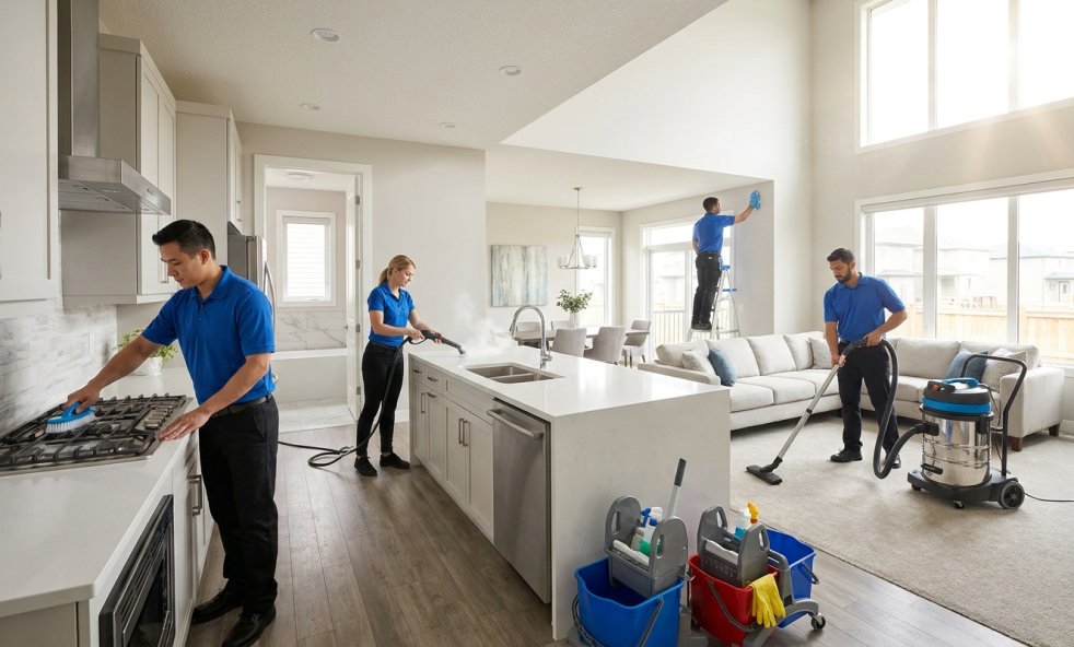 Cleaning crew deep cleaning a modern home kitchen and living room with vacuums and supplies