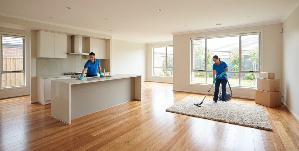 Cleaning crew vacuuming and wiping counters in an empty modern home with moving boxes