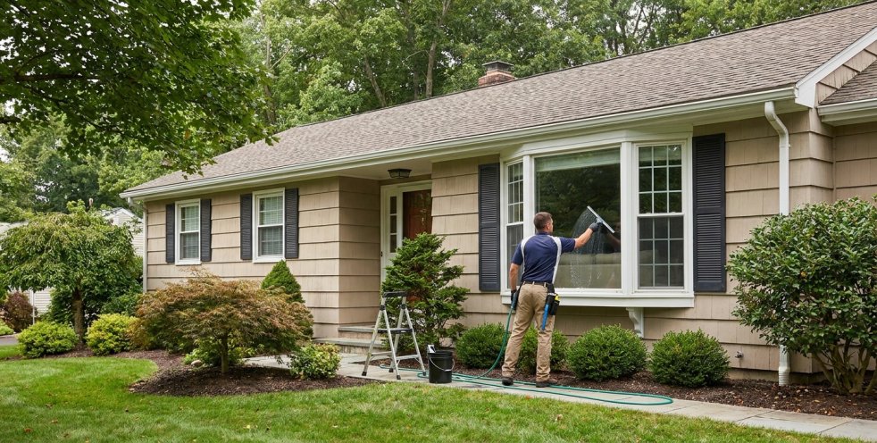 Window cleaner washing a one-story homeâs exterior windows in Danbury, Connecticut