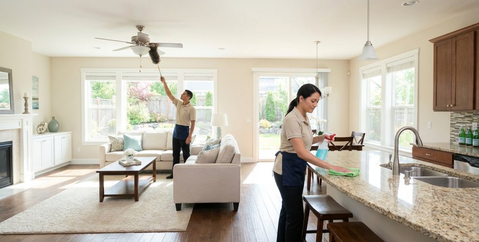 House cleaners dusting a bright living room and kitchen in a modern home