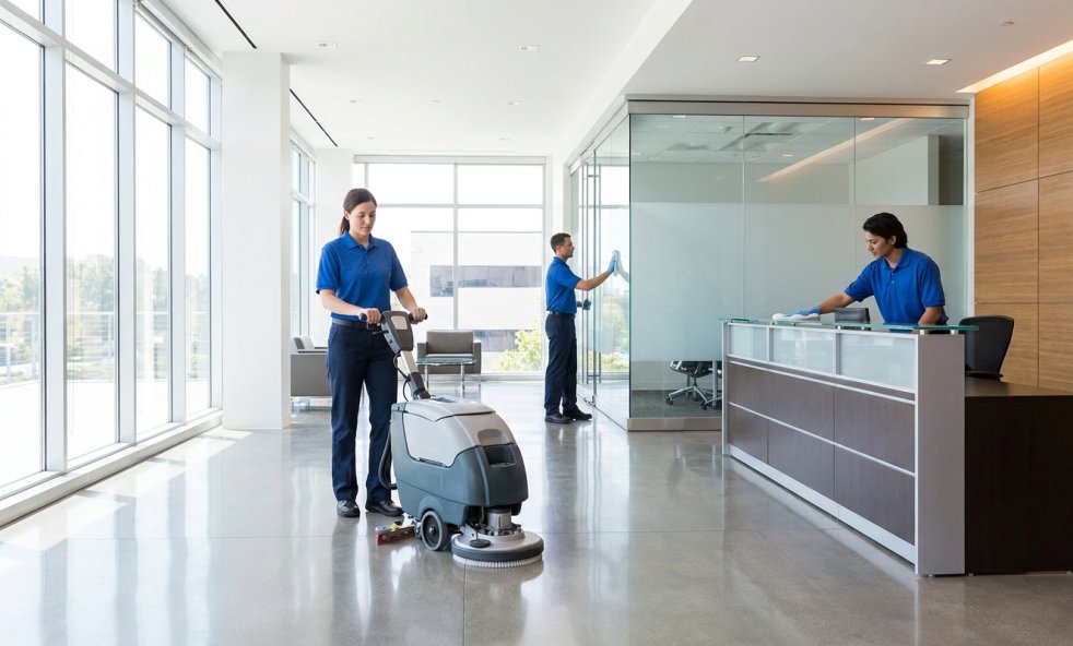 Cleaning crew vacuuming and wiping a modern office lobby and reception area