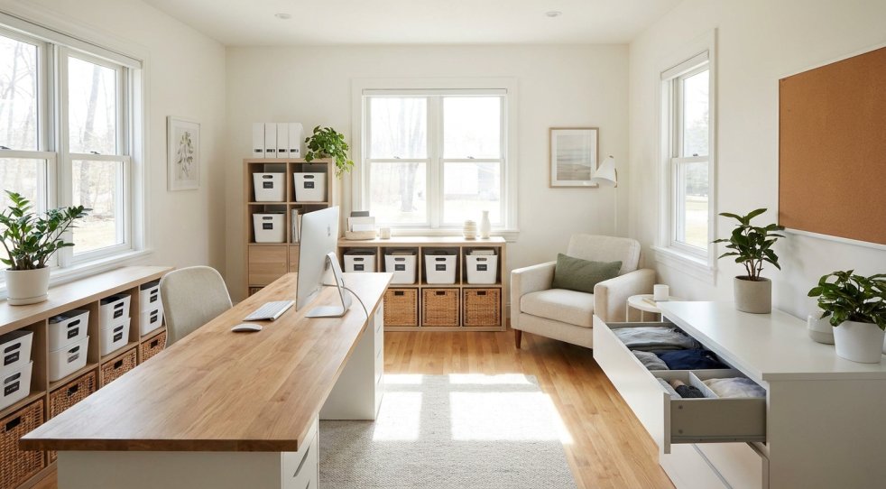 Organized home office with tidy desk, storage bins, and open drawer organization